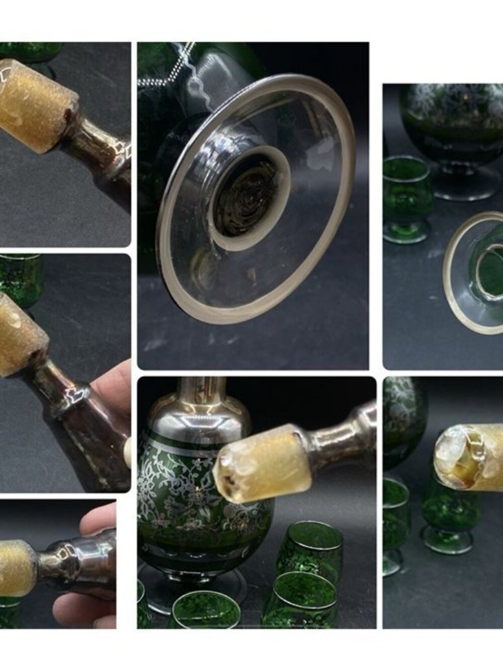 Italian Glass Silver Overlay Floral Pattern Green Decanter and 5 Cordial Glasses - Picture 5 of 12